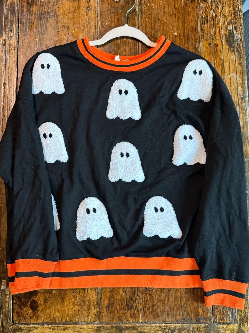 Peach Love California Black & Orange Ghost Graphic Sweater Halloween Size Small